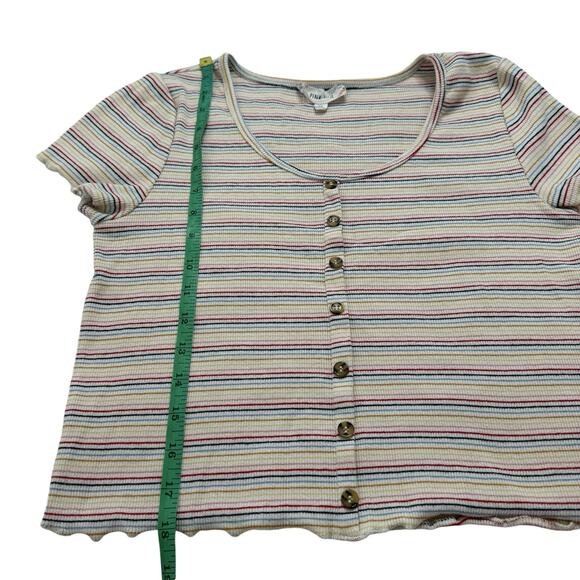 PINK ROSE Rainbow Stripe Ribbed Crop Button Up Baby Tee Size XL Cotton Stretch - Picture 9 of 9